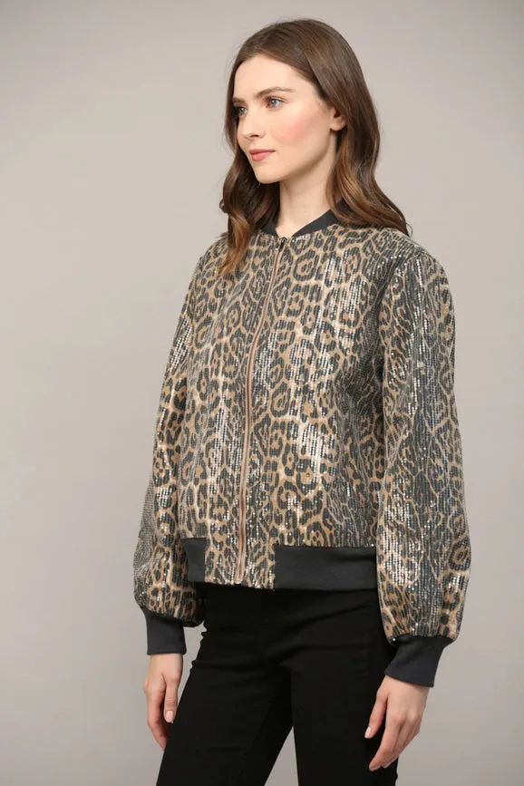 Sequin Embellished Animal Print Bomber Jacket