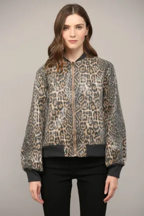 Sequin Embellished Animal Print Bomber Jacket