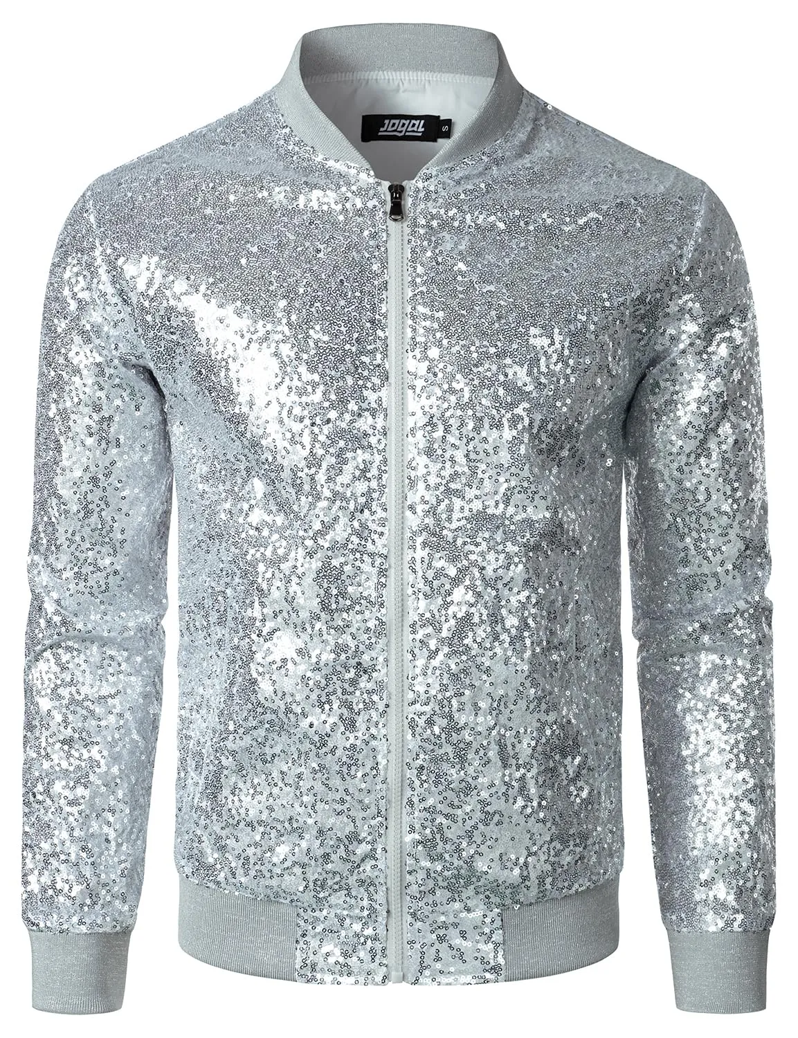 Silver Men's Sequin Long Sleeve Bomber Jacket