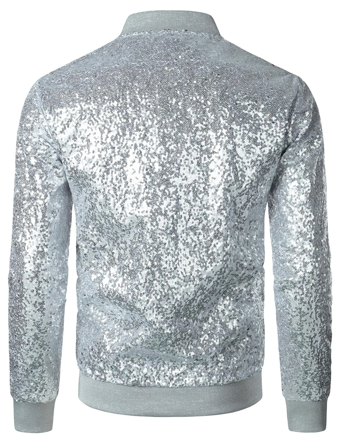 Silver Men's Sequin Long Sleeve Bomber Jacket