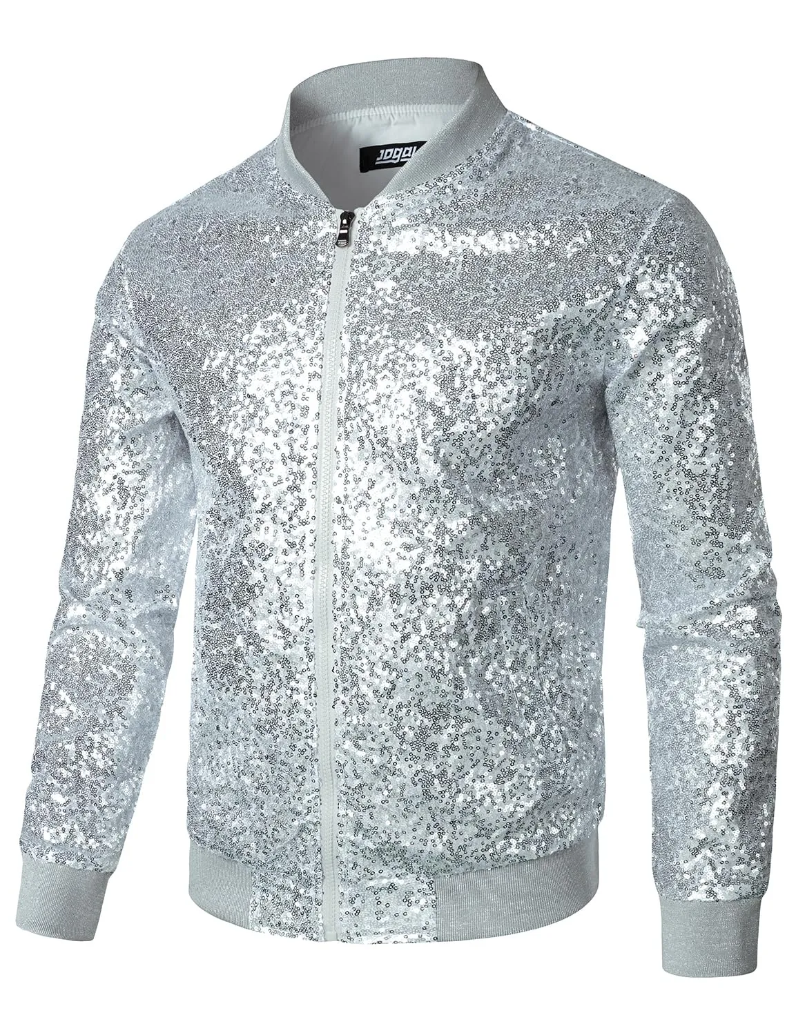 Silver Men's Sequin Long Sleeve Bomber Jacket