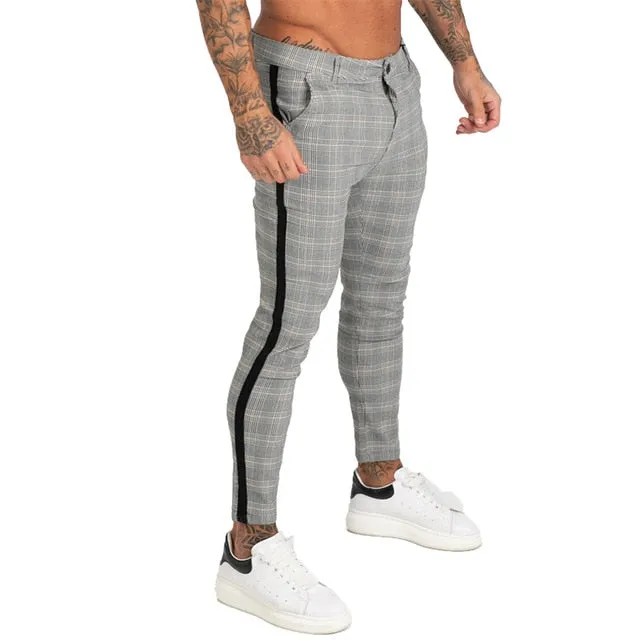 Skinny Fit Plaid Grey Comfy Stretch Style Men Pants