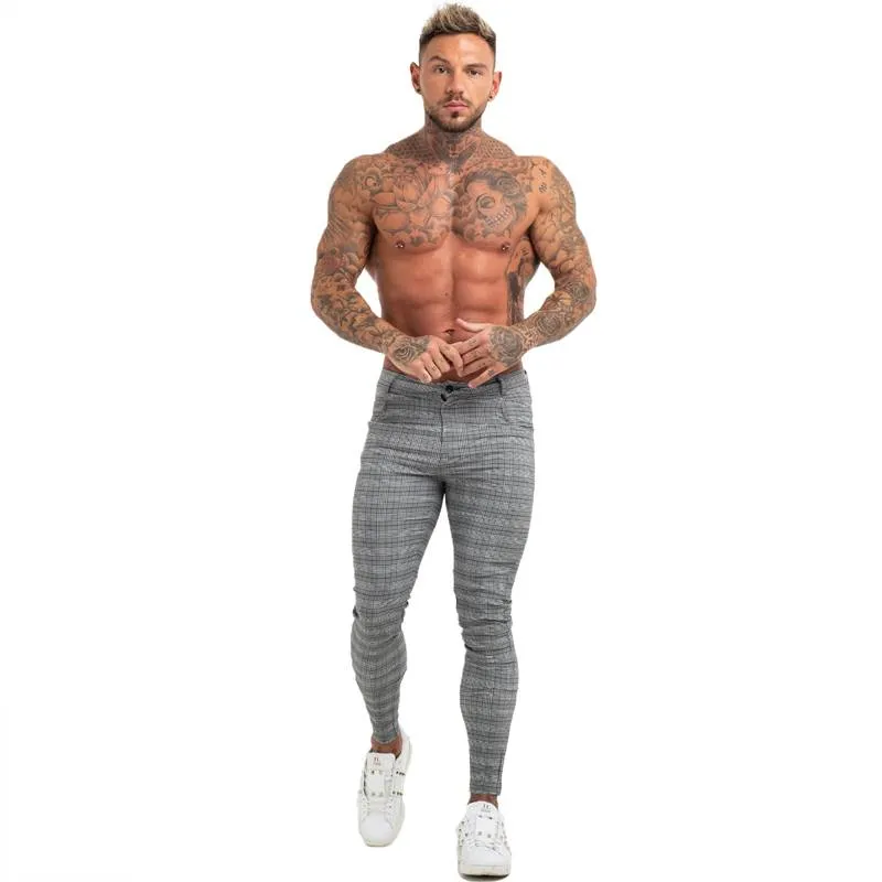 Skinny Fit Plaid Grey Comfy Stretch Style Men Pants