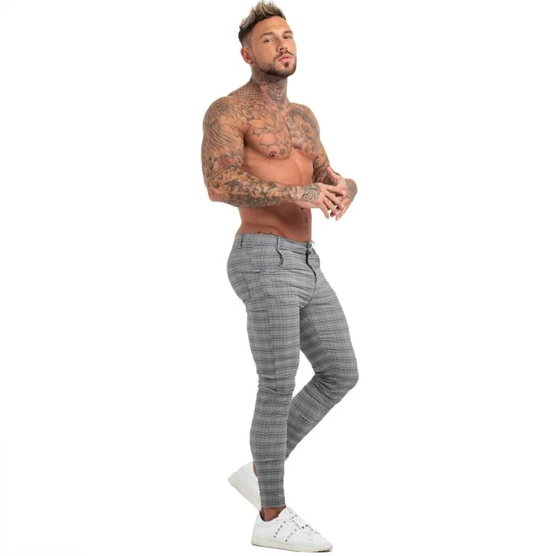 Skinny Fit Plaid Grey Comfy Stretch Style Men Pants