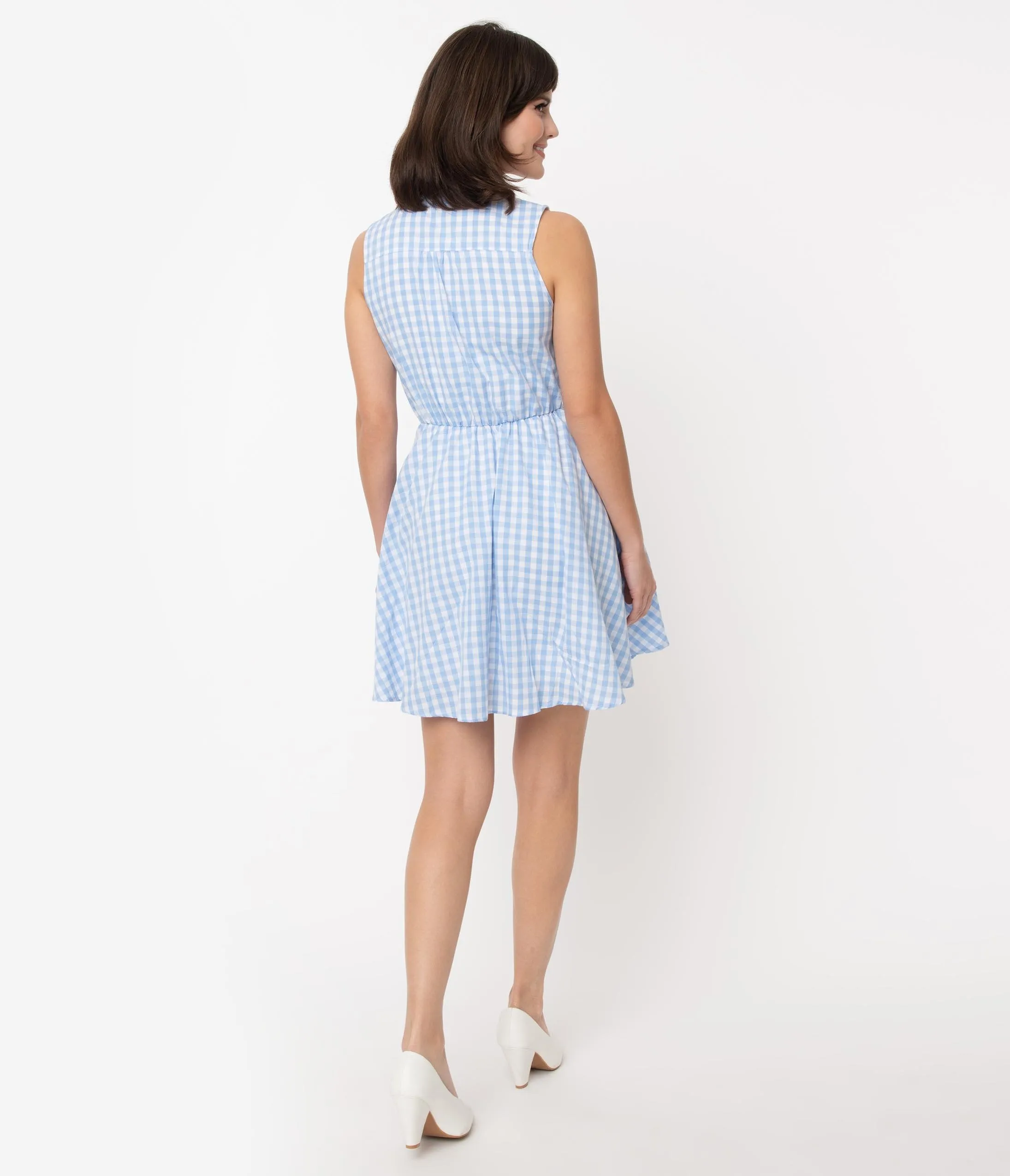 Smak Parlour Light Blue & White Gingham Neck Tie Fit & Flare Queen Bee Dress