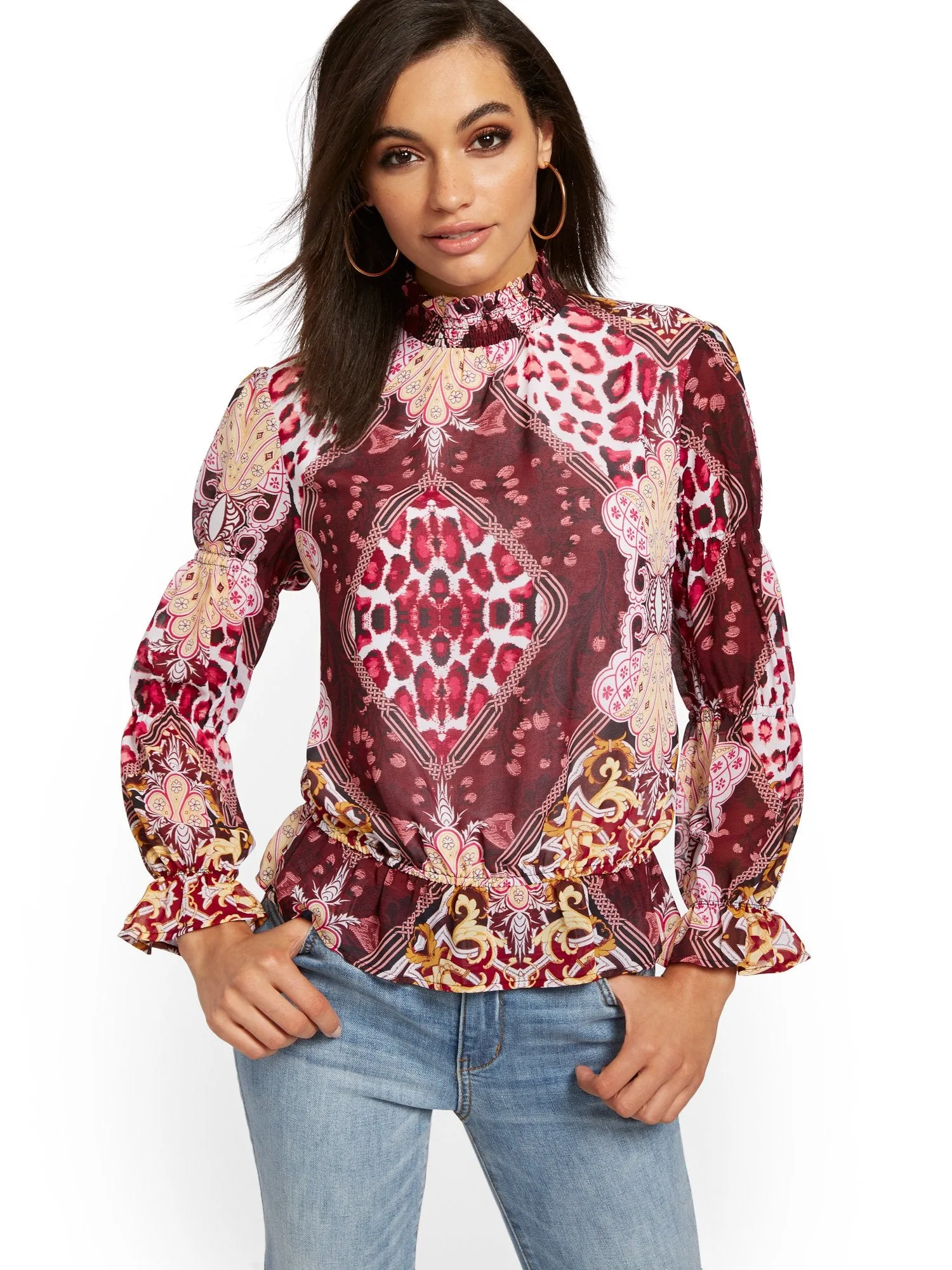 Smocked Mock-Neck Blouse - Mixed Print