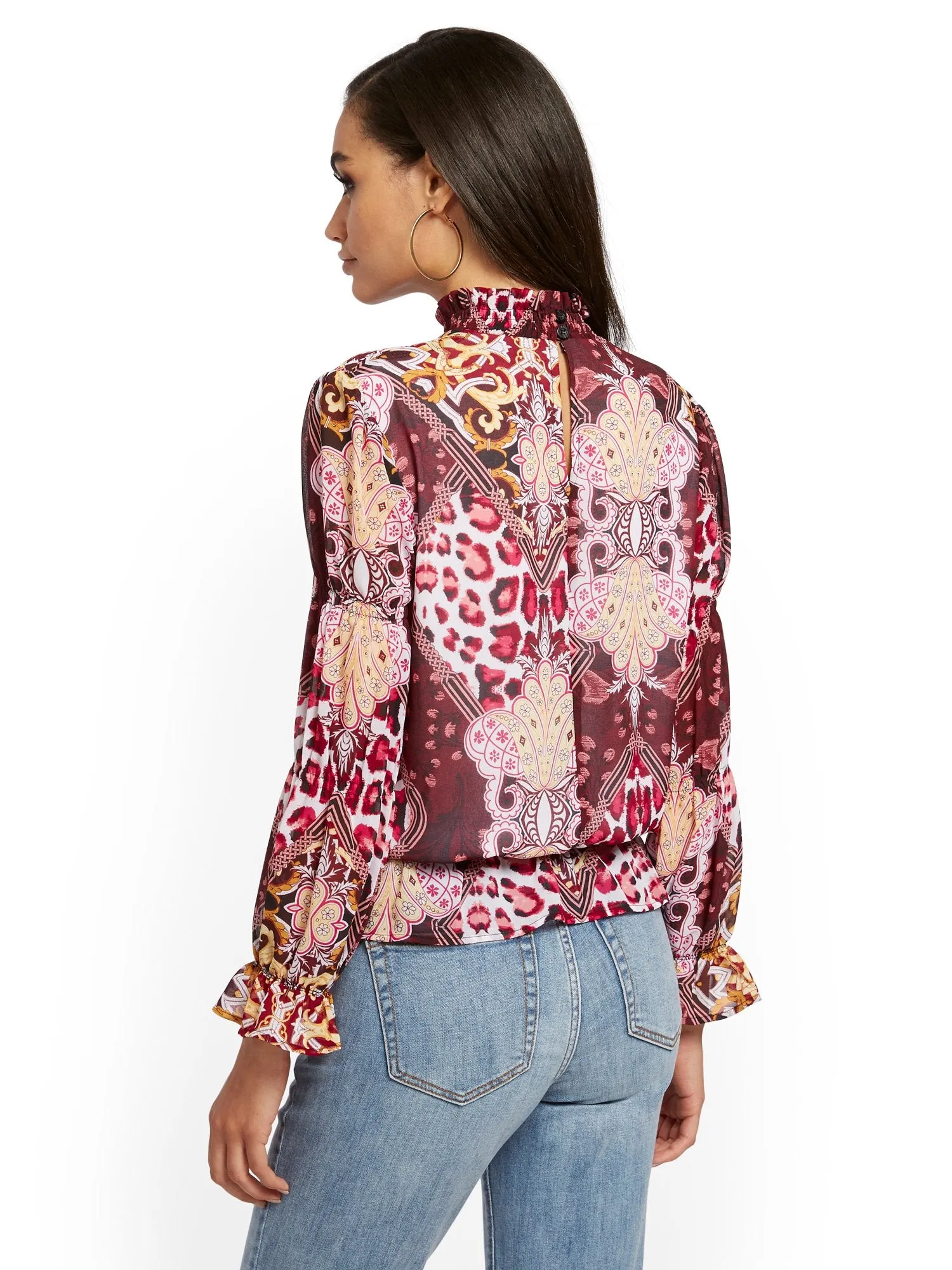 Smocked Mock-Neck Blouse - Mixed Print