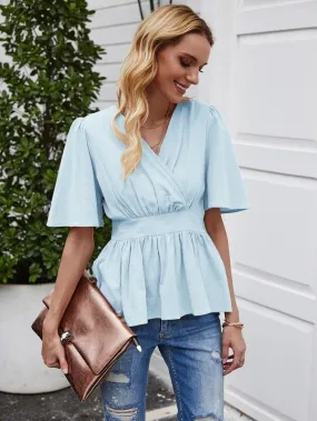 Solid Ruched Back Peplum Blouse