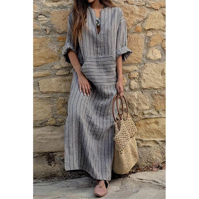 Stripe Pockets 3/4 Sleeves Maxi Shift Dress