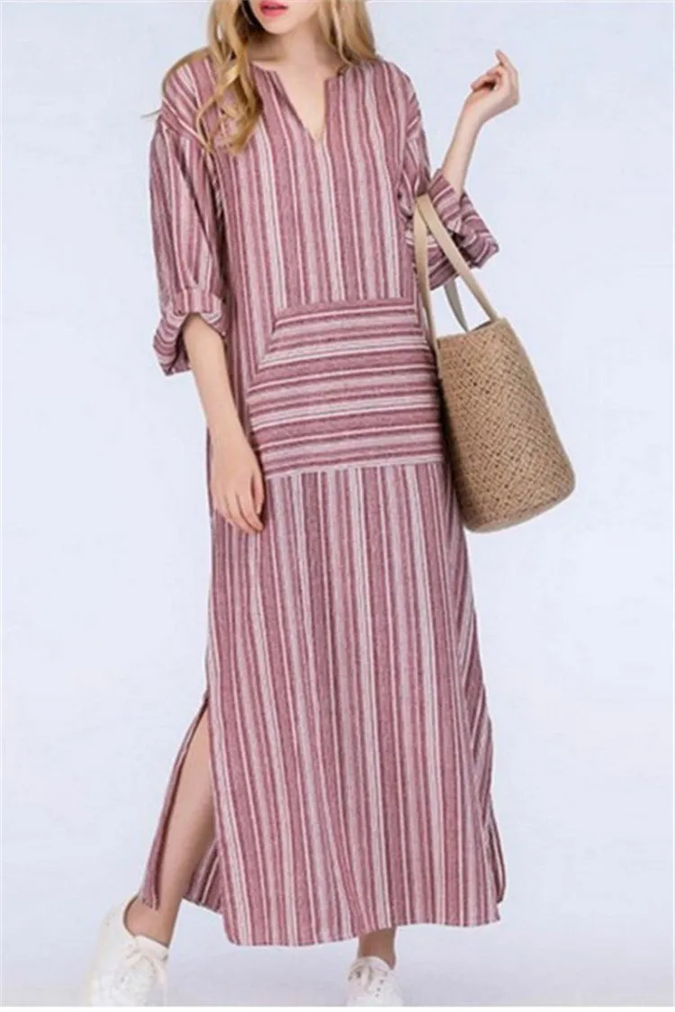 Stripe Pockets 3/4 Sleeves Maxi Shift Dress