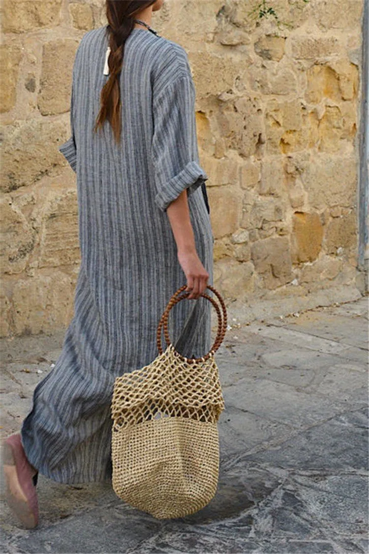 Stripe Pockets 3/4 Sleeves Maxi Shift Dress