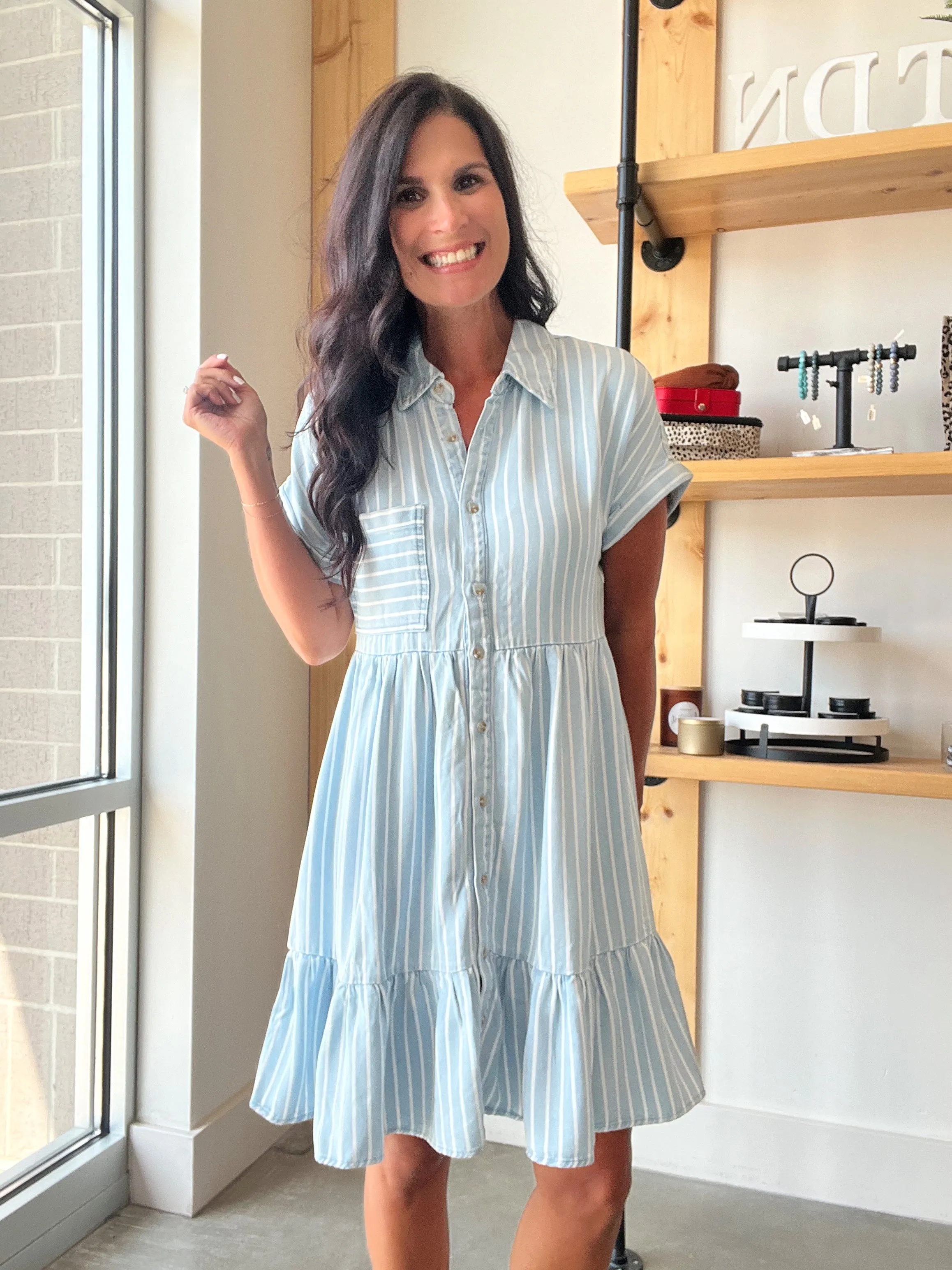 Striped Button Down Ruffle Hem Mini Dress