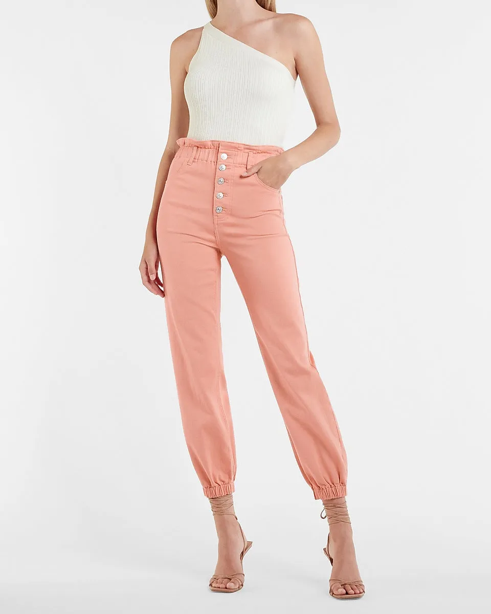 Super High Waisted Paperbag Button Fly Knit Twill Jogger Pant in Amalfi Blush