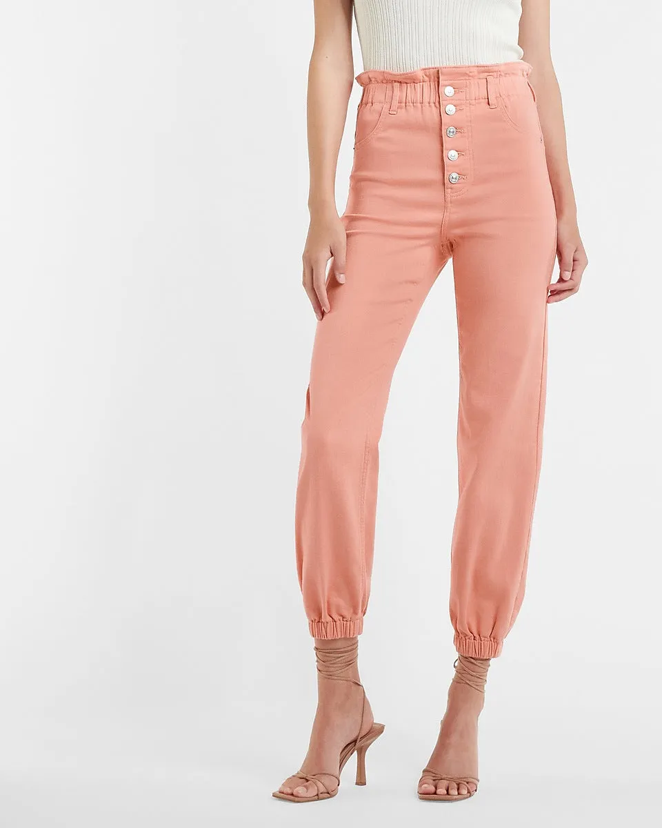 Super High Waisted Paperbag Button Fly Knit Twill Jogger Pant in Amalfi Blush