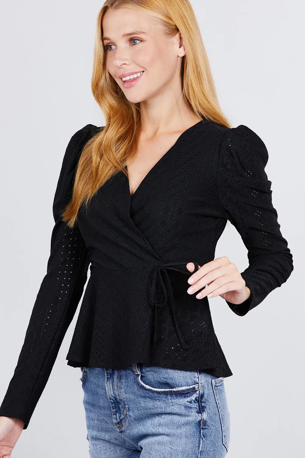 Surplice W/ribbon Tie Peplum Top