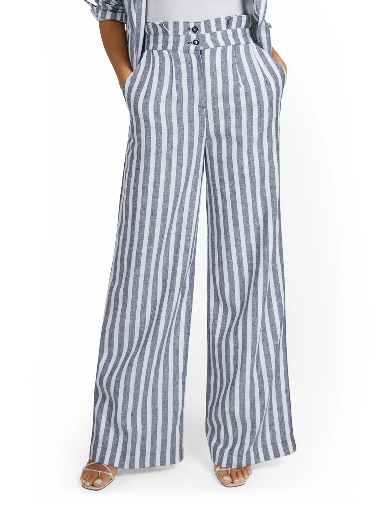 Tall Linen-Blend Nautical Stripe Paperbag Wide-Leg Pant