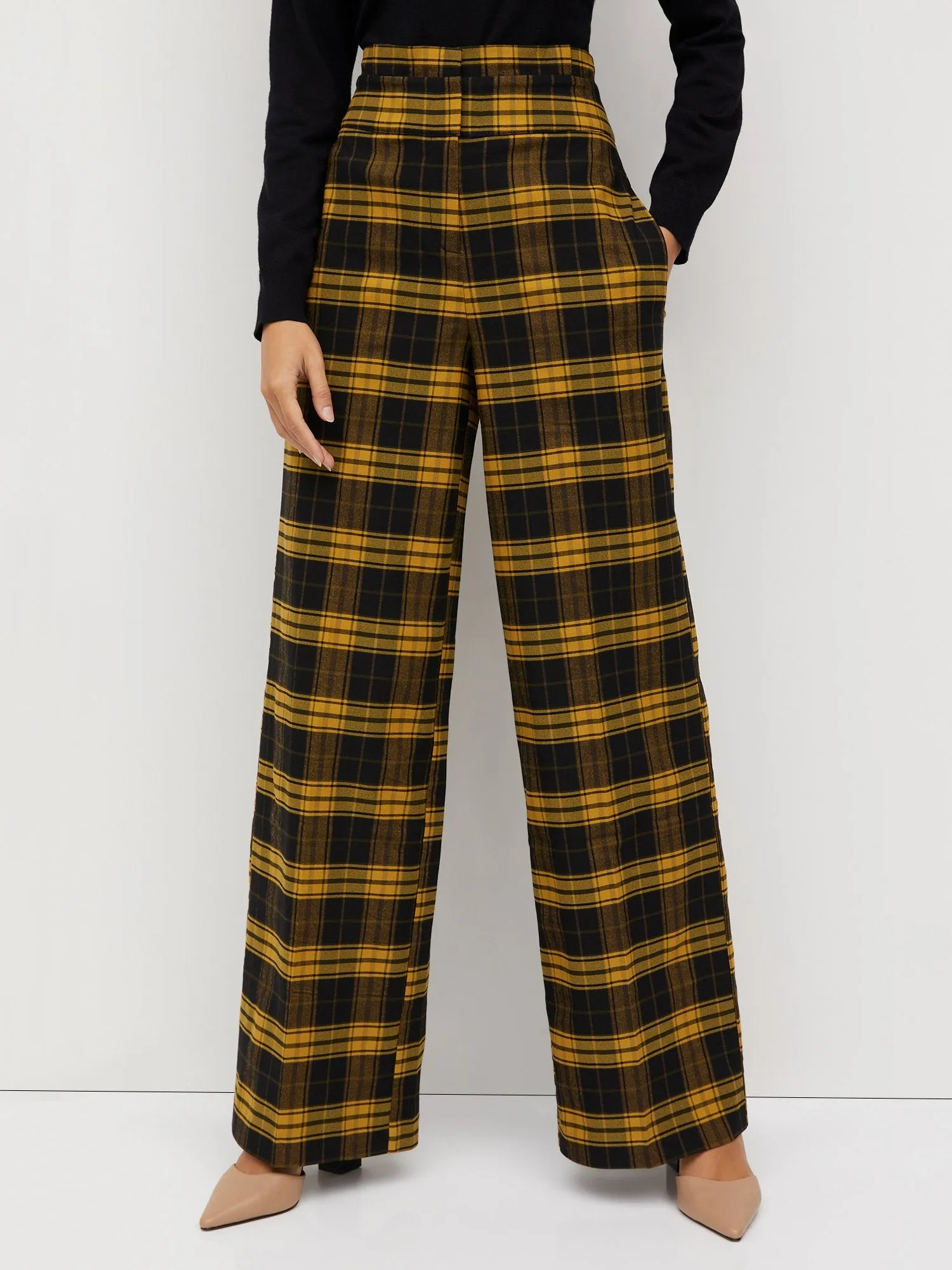 Tartan Paperbag-Waist Wide-Leg Pant