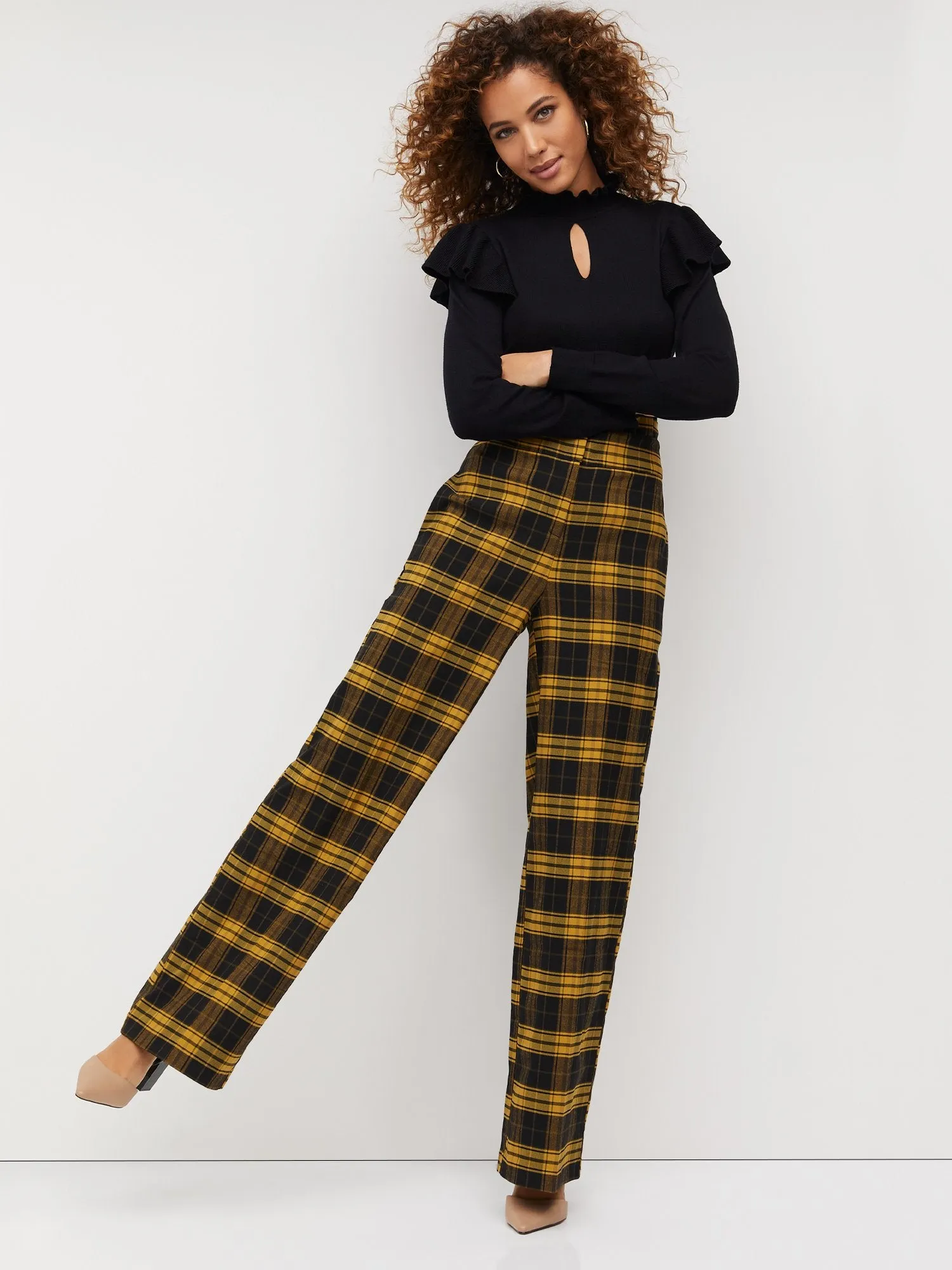 Tartan Paperbag-Waist Wide-Leg Pant