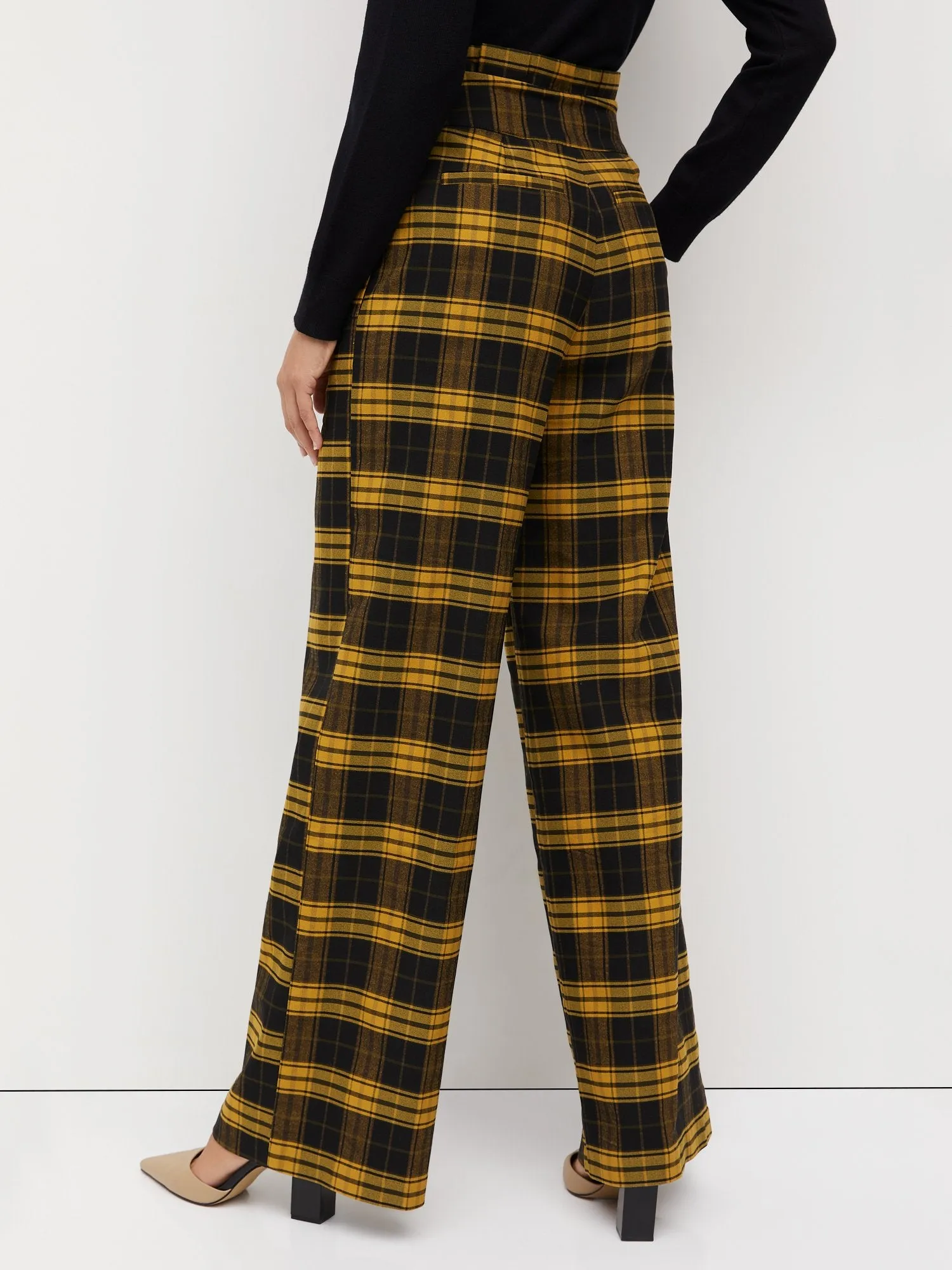 Tartan Paperbag-Waist Wide-Leg Pant