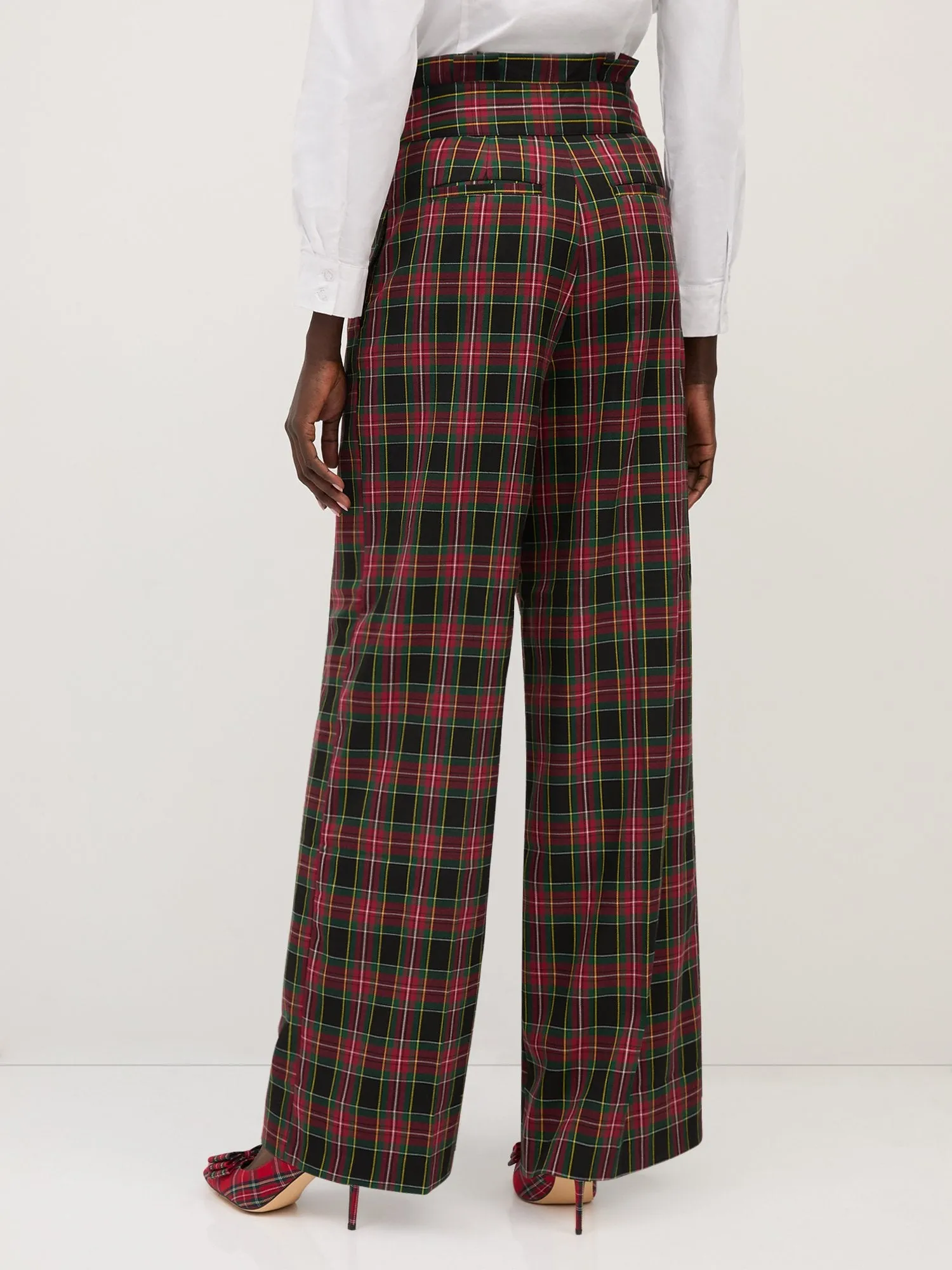 Tartan Paperbag-Waist Wide-Leg Pant