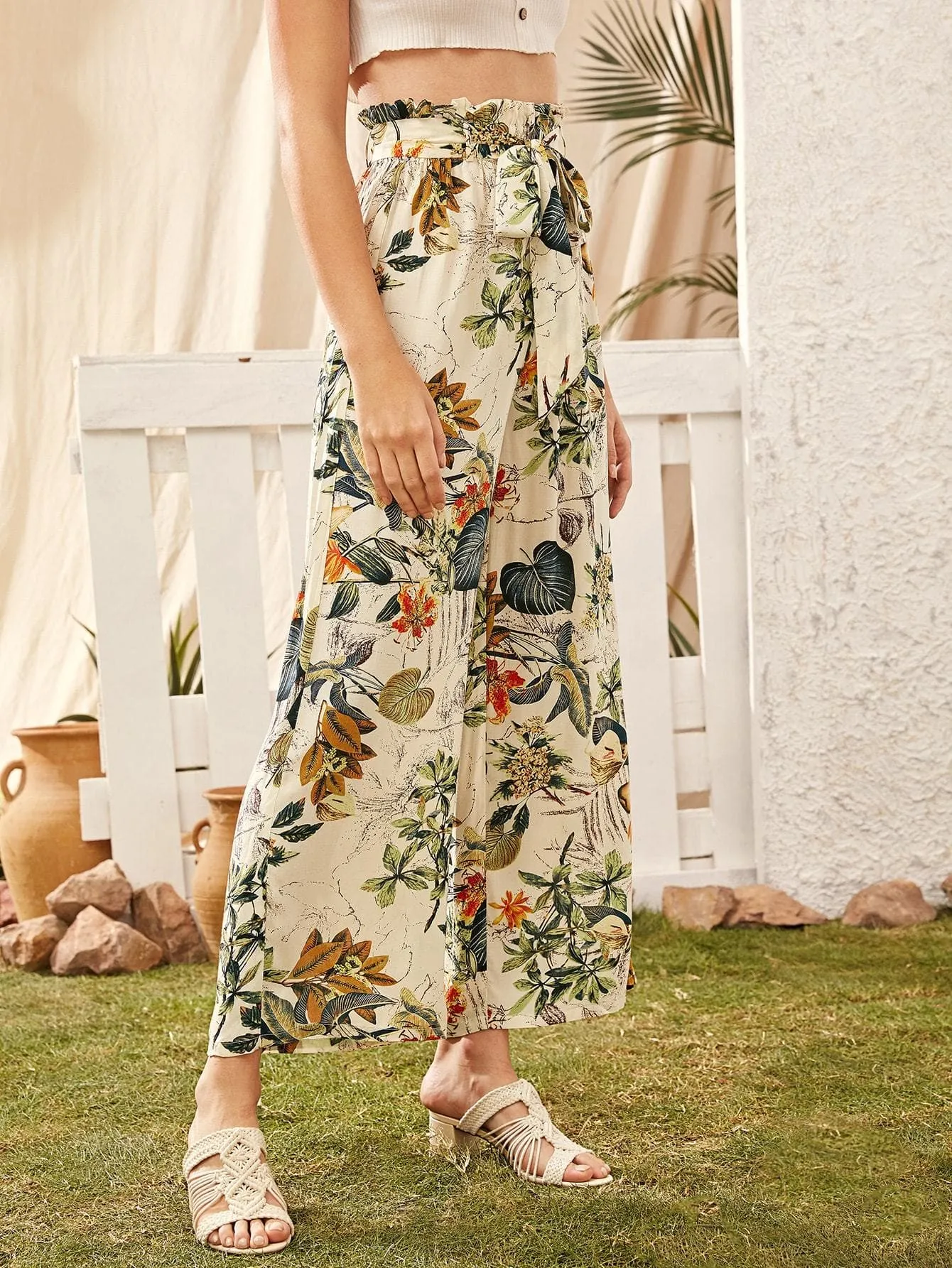 Tropical Botanical Print Paperbag Waist Wide Leg Pants