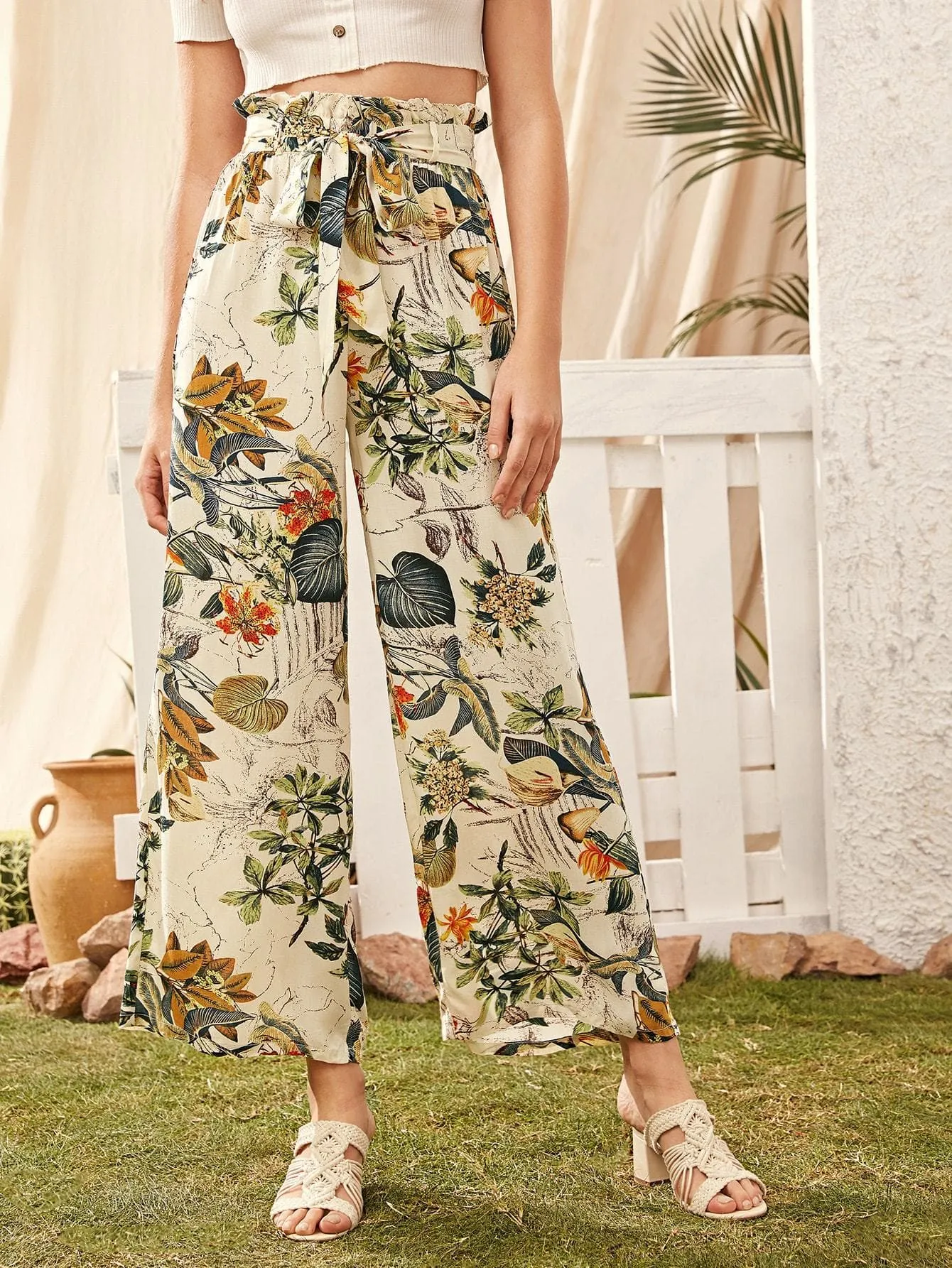 Tropical Botanical Print Paperbag Waist Wide Leg Pants