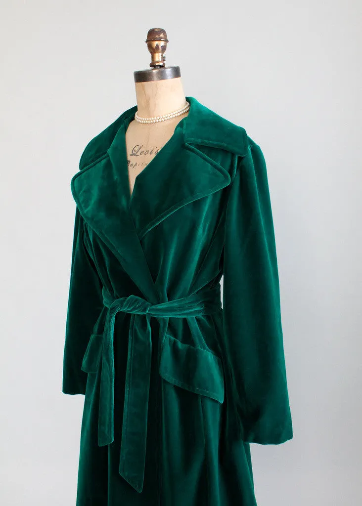 Vintage 1970s Emerald Green Velvet Wrap Trench Coat