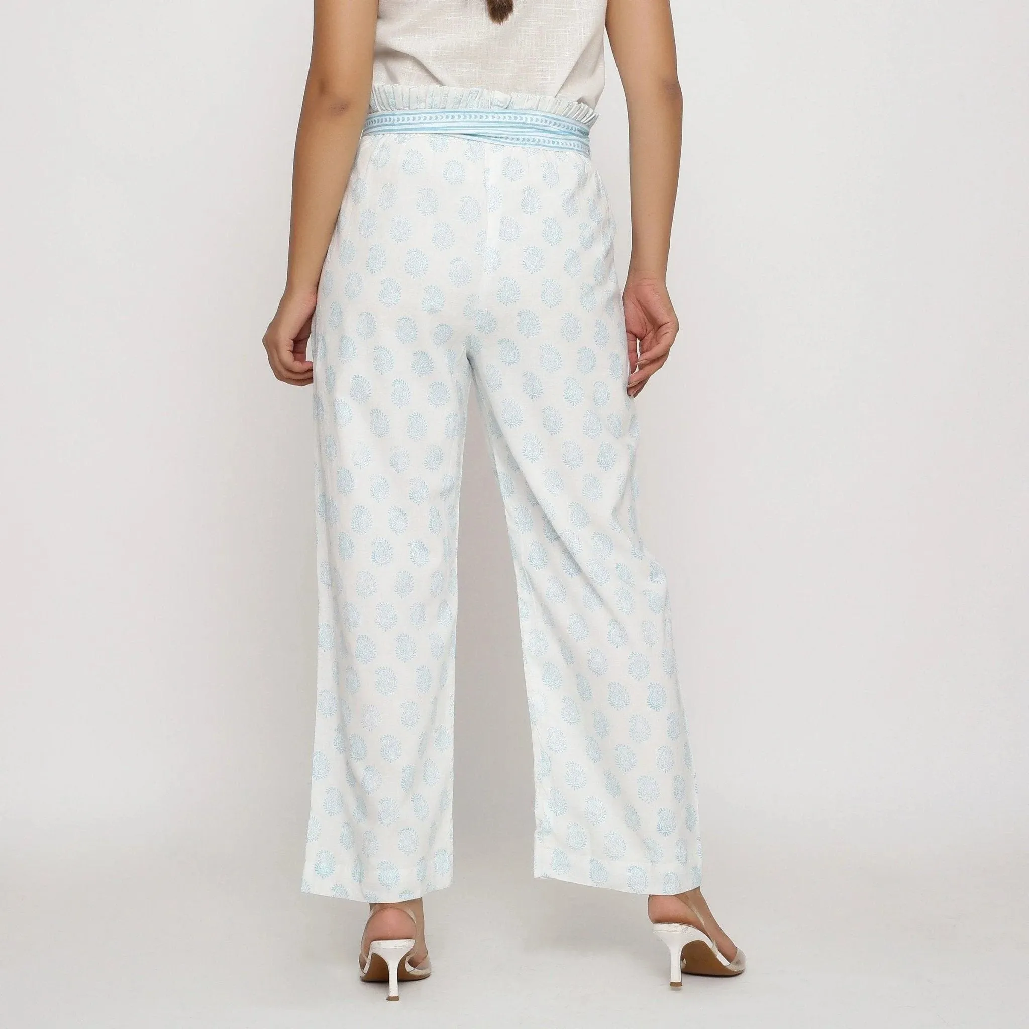 White Paisley Block Printed Paperbag Cotton Pant