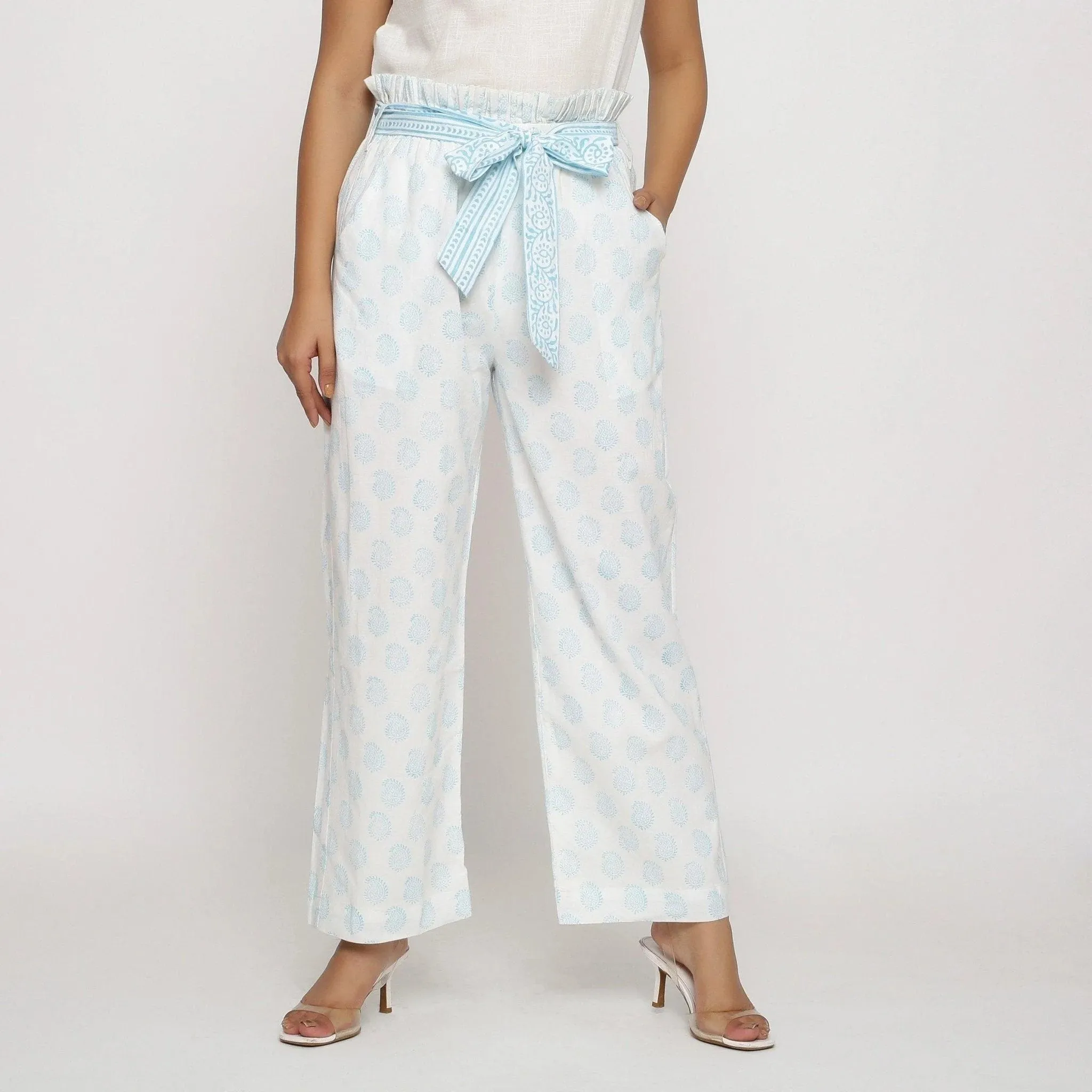 White Paisley Block Printed Paperbag Cotton Pant