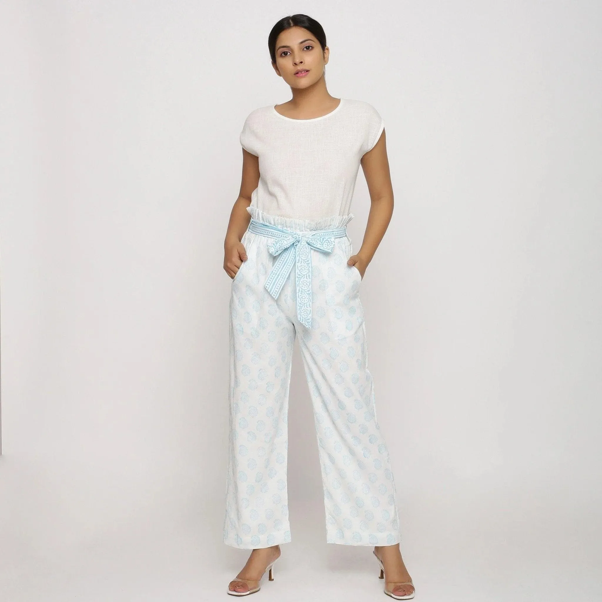 White Paisley Block Printed Paperbag Cotton Pant