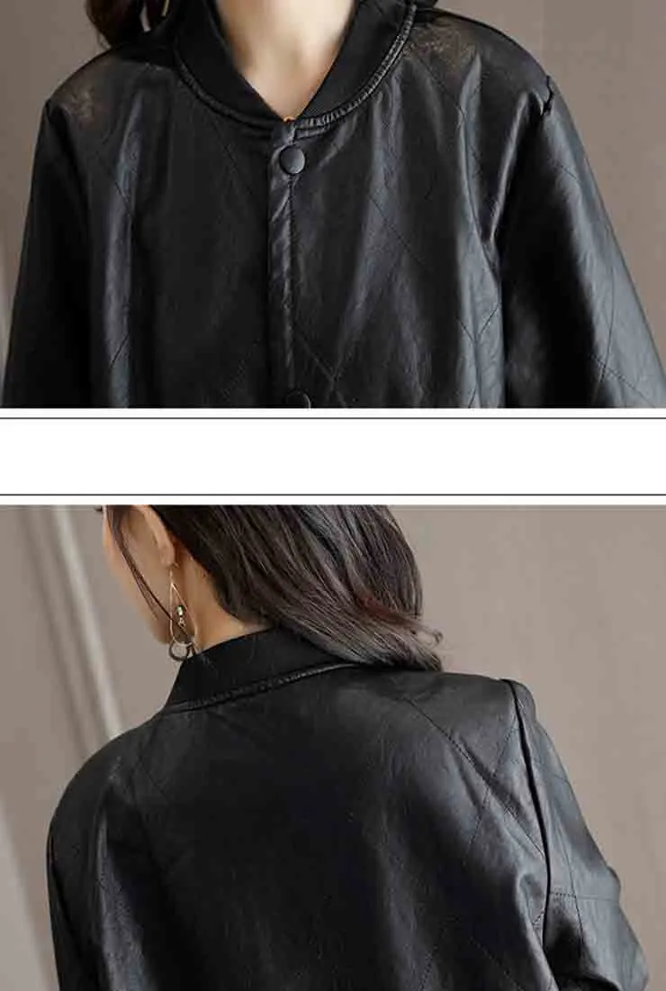 Winter Round Neck Black Faux Leather Coat