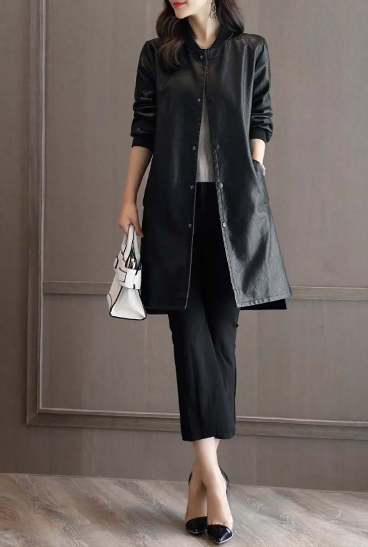 Winter Round Neck Black Faux Leather Coat