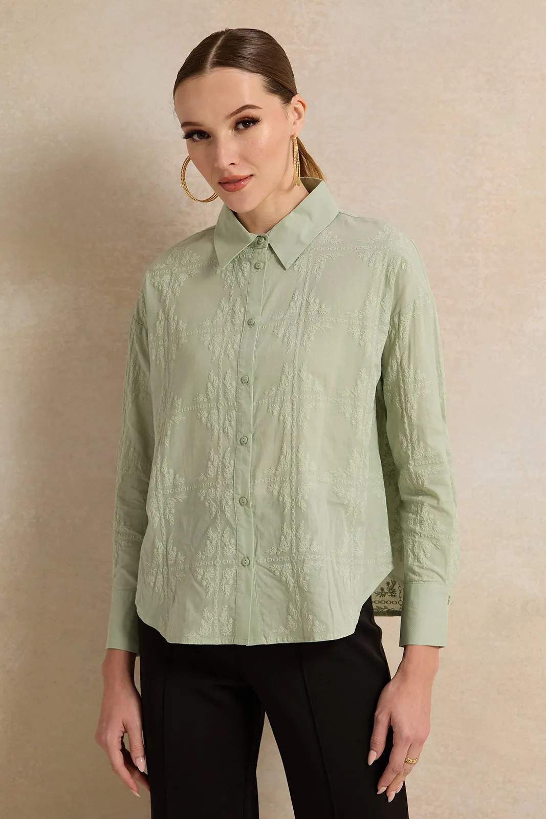 Women Green Cotton Printed Button Down Blouse