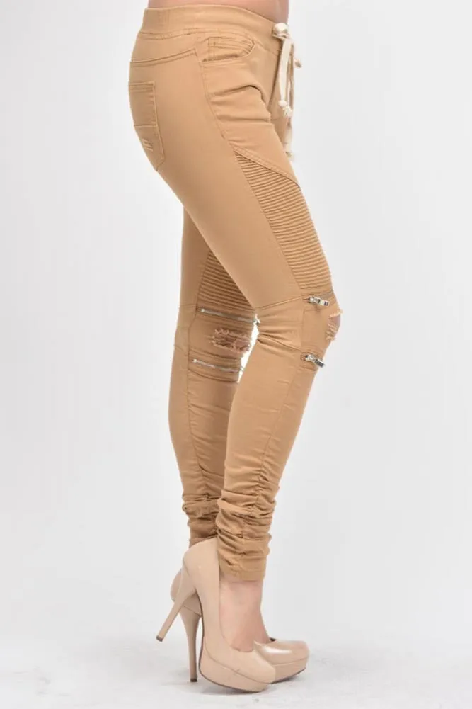 Women's Biker Style Ripped Zip Rider Jogger Pants