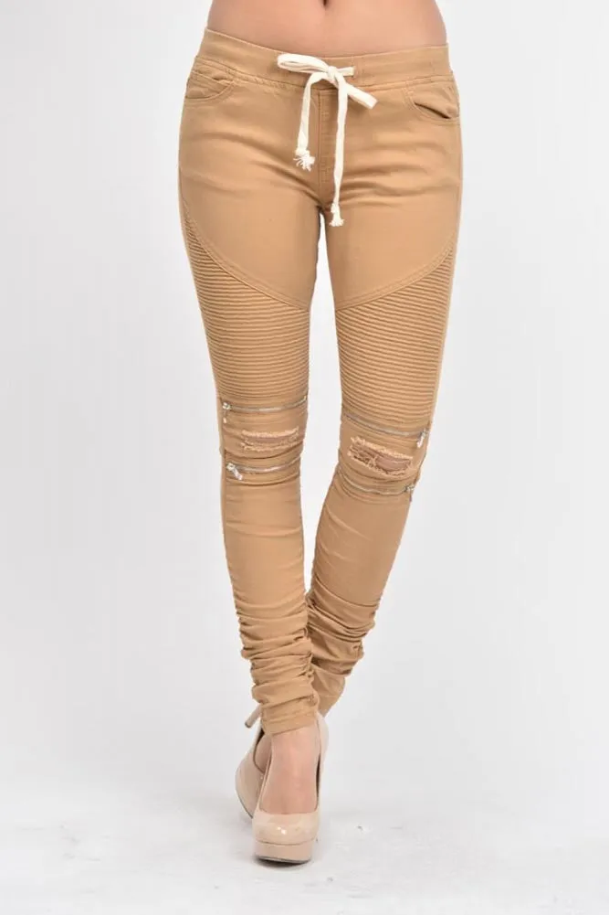 Women's Biker Style Ripped Zip Rider Jogger Pants