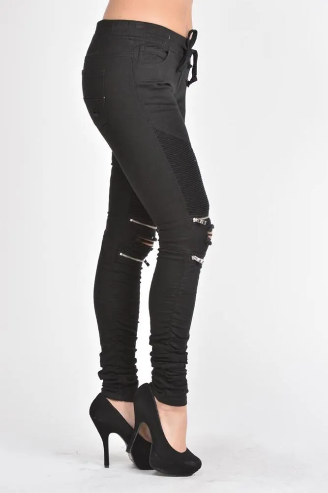 Women's Biker Style Ripped Zip Rider Jogger Pants