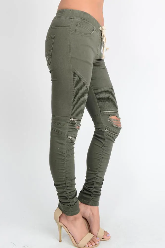 Women's Biker Style Ripped Zip Rider Jogger Pants