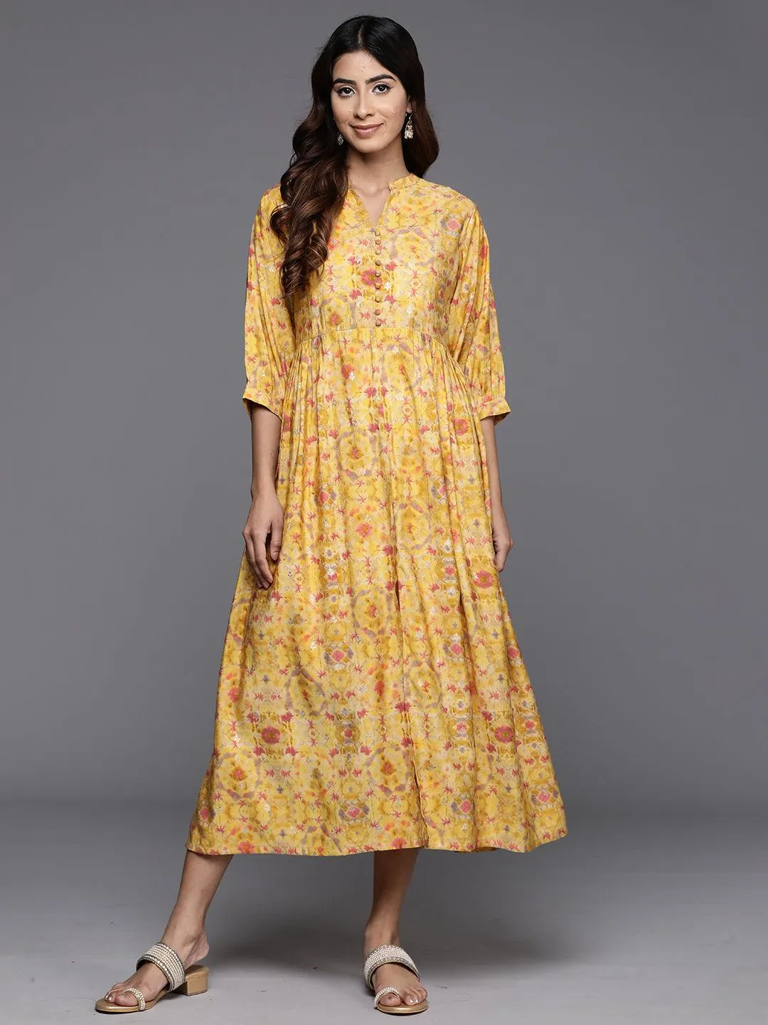 Yellow Printed Silk Fit and Flare Dress