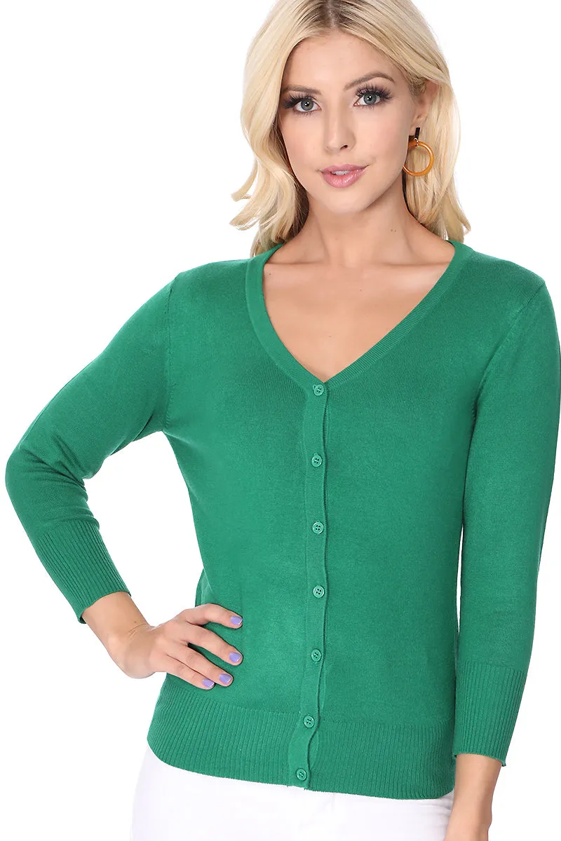 YEMAK Women's 3/4 Sleeve V-Neck Button Down Cardigan Sweater CO078 (S-L) Color Option (1 of 2)